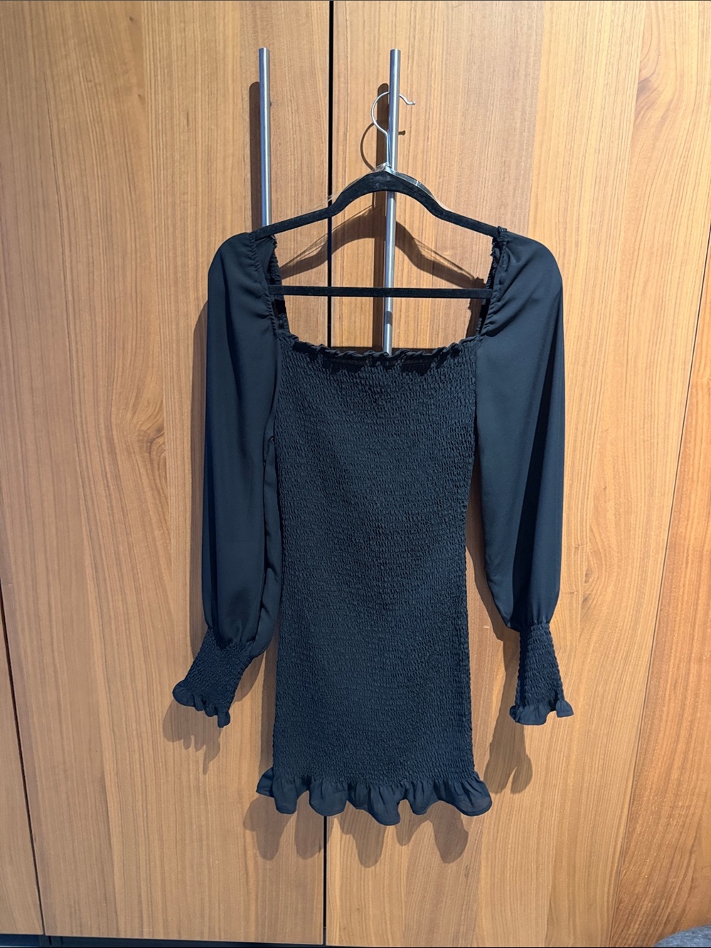 Shinestar Black Smocked Long-Sleeve Ruffle Dress